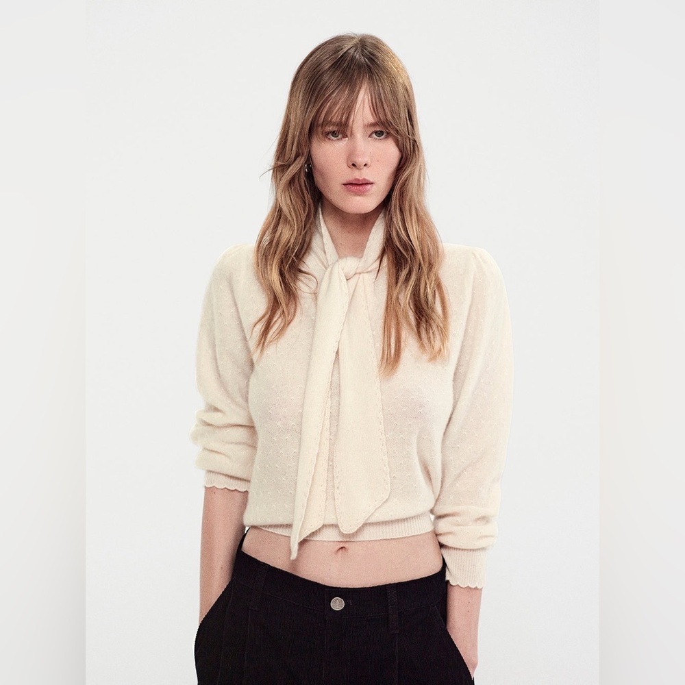 NWT Frame Cashmere Tie Neck Sweater In Cream